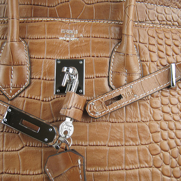 High Quality Fake Hermes Birkin 35CM Crocodile Veins Leather Bag Light Coffee 6089